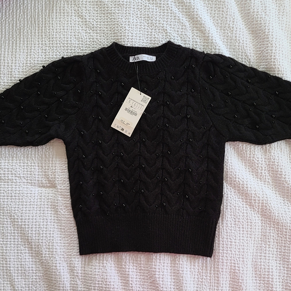 Zara Black Short-Sleeve Cable-Knit Sweater for Women